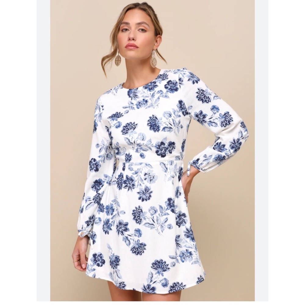Lulus Darling Simplicity Blue White Floral Open Back‎ Elegant Mini Dress Large